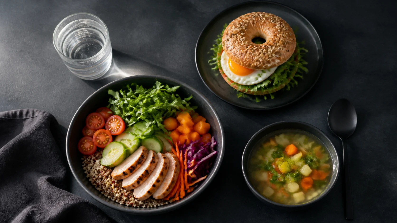 Proteinreiche Bowl, Bagel, Suppe und Wasser als gesunde Lunch-Auswahl in Charlottenburg