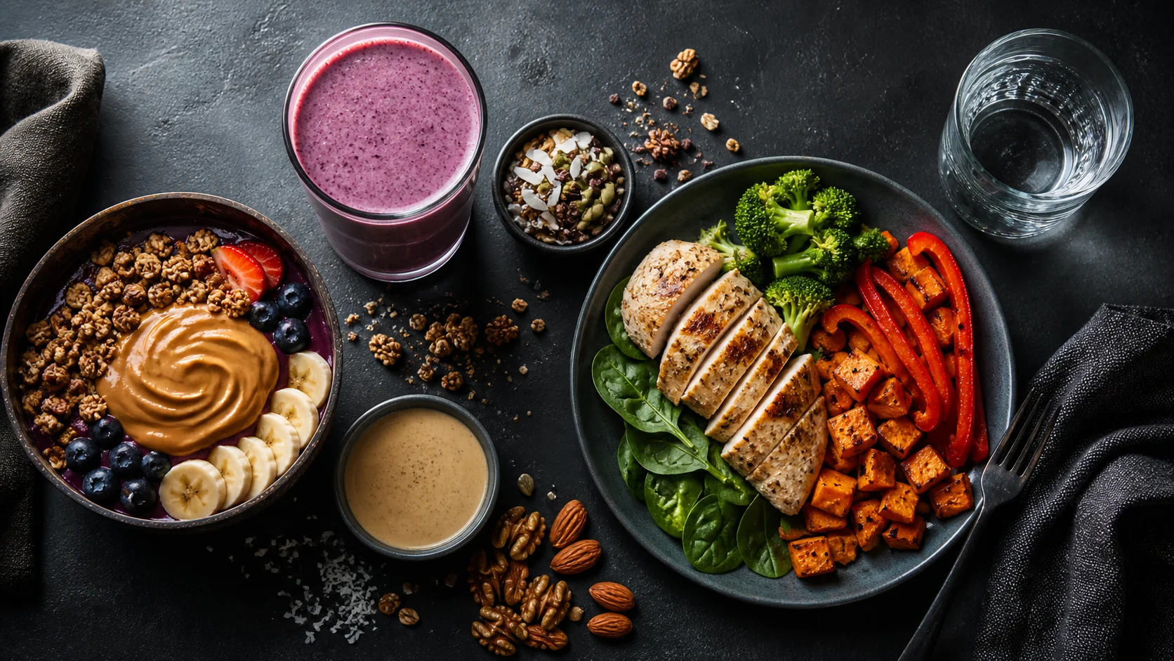 Acai-Bowl, Smoothie, Nussmus und Toppings im Vergleich zu einem proteinreichen Gemüsegericht