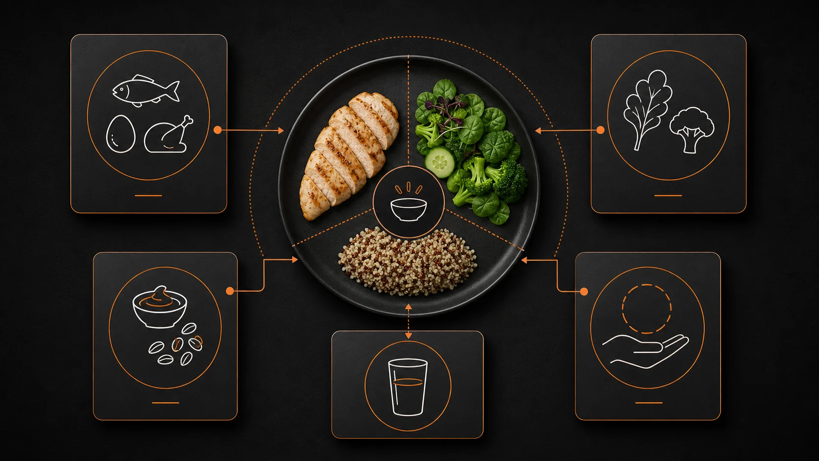 Infografik für eine ausgewogene Mahlzeit mit Protein, Gemüse, Beilage, Getränk und Portionsgröße