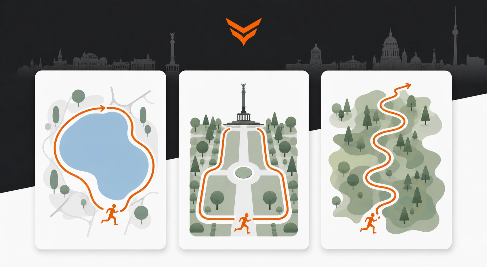 Infografik zu drei Laufstrecken zum Joggen in Charlottenburg mit Lietzensee, Schlosspark und Jungfernheide