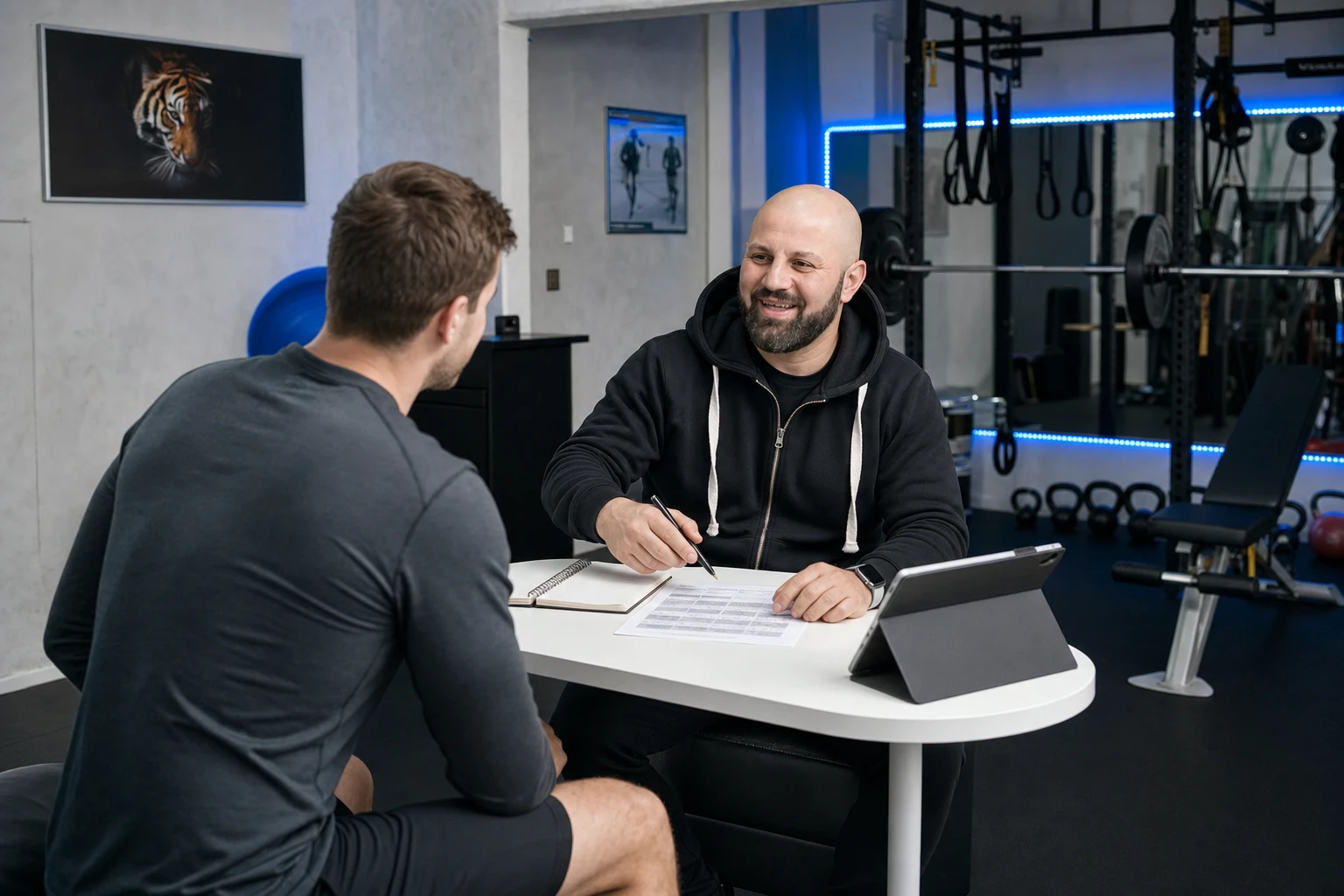 Personal Trainer bespricht Lauf- und Krafttraining in Charlottenburg mit Kunde im Studio