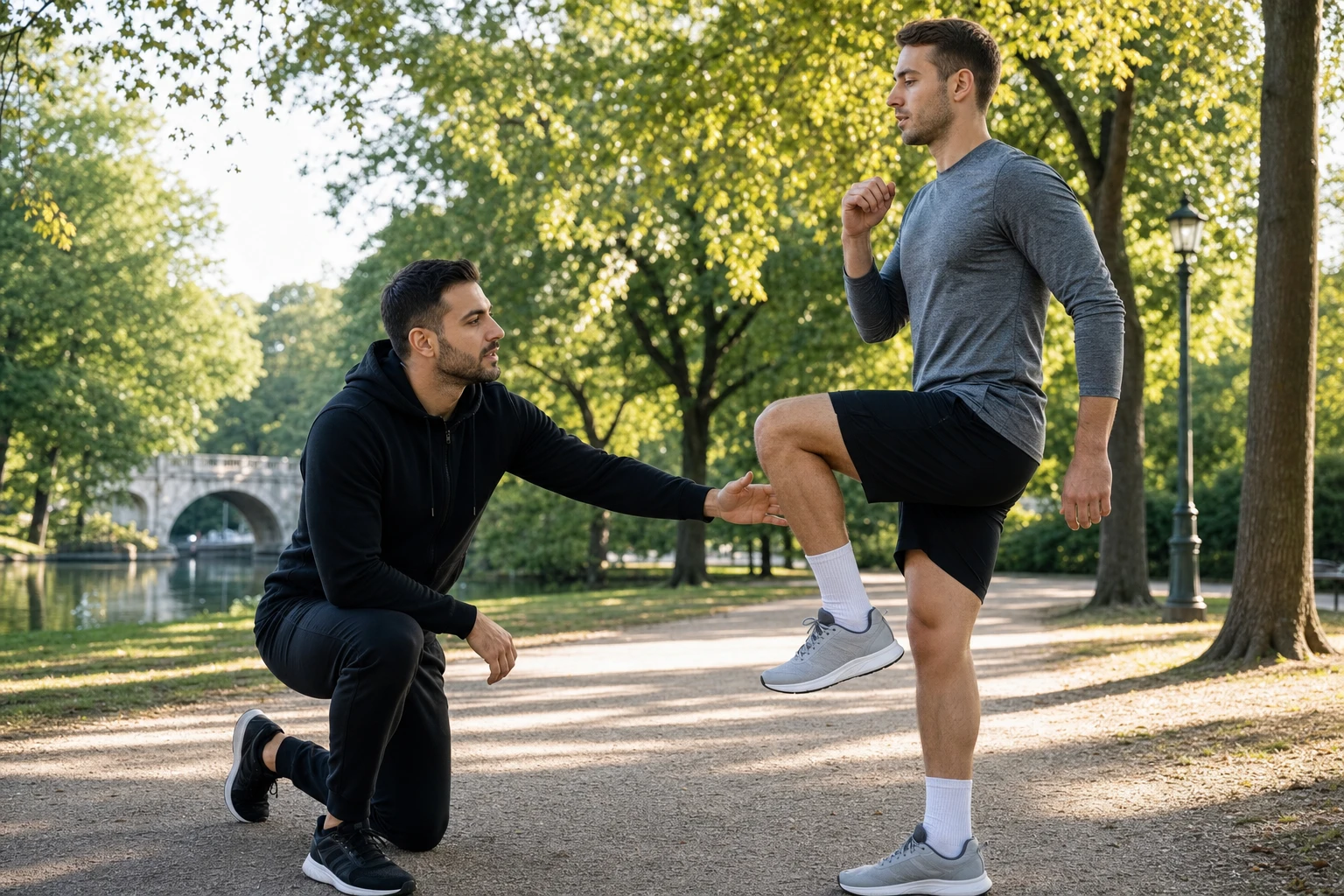 Personal Trainer zeigt Warm-up vor dem Joggen in Charlottenburg mit Läufer im Park